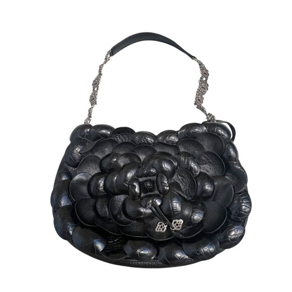 Mary Frances Black Leather Purse With 3D Floral Design & Chain Strap - Picture 1 of 5